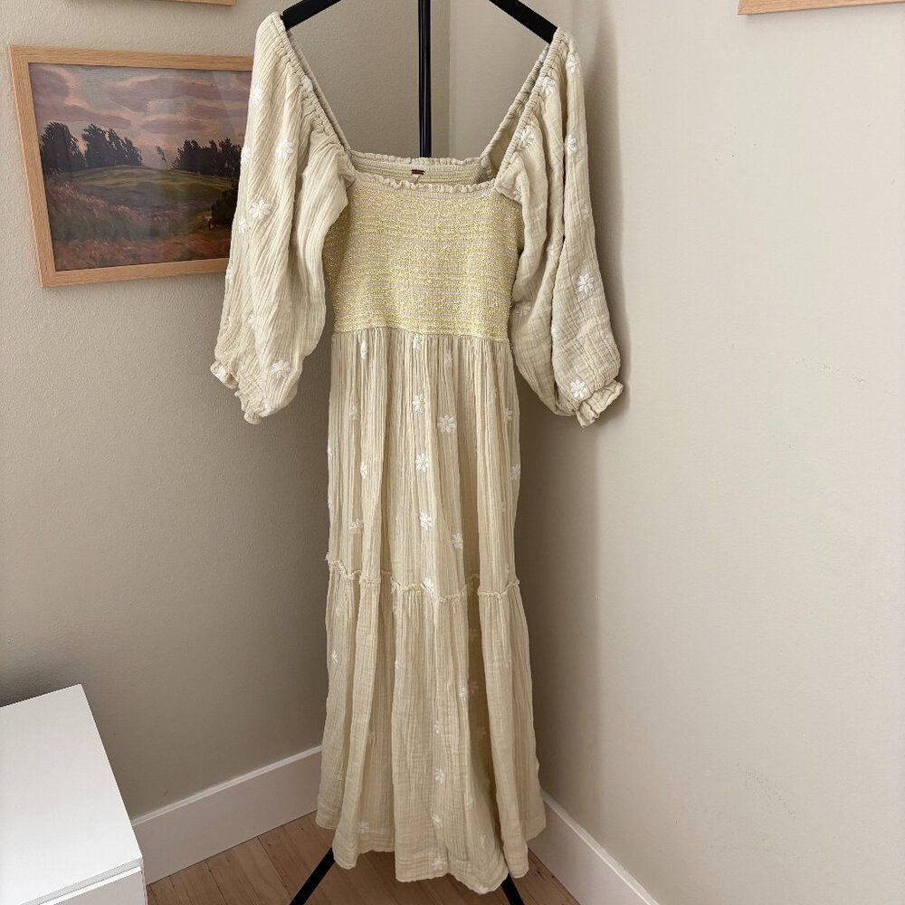 Free People Cream Dahlia Maxi Dress with Puff Sleeves